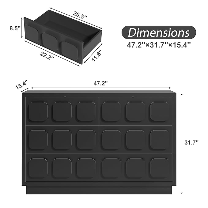 Anbuy Black Baby Dresser for Bedroom, Dresser for Baby with 6 Drawers, Storage and Organization Unit with Square Handles, for Nursery, Kids-CubbioJoy