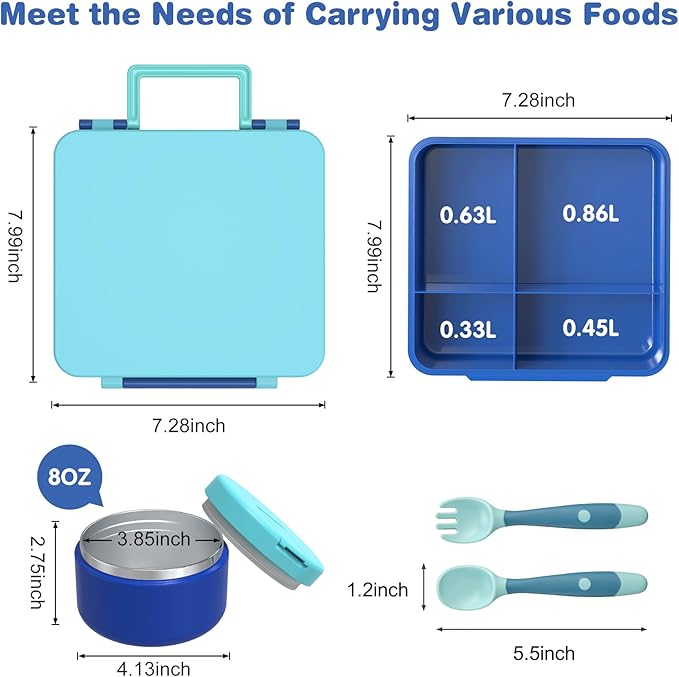 Bento Lunch Box with 8oz Soup Thermo, Kids Leakproof Lunch Food Containers with 4 Compartment, Kids Thermo Insulated Hot Food Jar for School, Trvael（Blue-CubbioJoy
