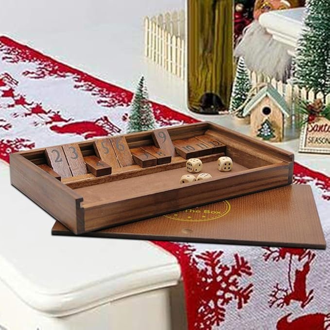 Juegoal Shut The Box Wooden Board Dice Game with 12 Numbers and Lid for Kids Adults Families, 2 Players and Up-CubbioJoy