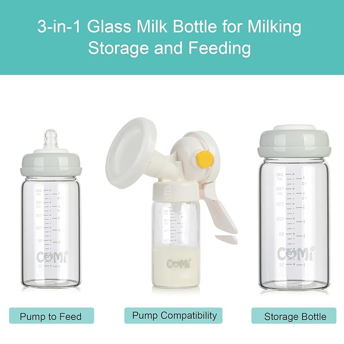 COMI Wide Neck Glass Breastmilk Collection n Storage Bottle, 4 Packs, 8oz with Screw Ring Sealing Disk; Re-markable Sealing Disc. BPA Free, Fits Breast Pumps & Nipples (2 Gray Lids + 2 Pink Lids)-CubbioJoy