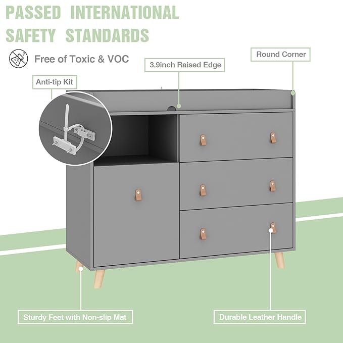 Baby Dresser Changing Table with Drawers,Shelf,Hidden Laundry Basket Storage,2 in 1 Nursery Dresser Chest for Infants, Baby Diaper Changing Station for Daycare,Bedroom,Grey-CubbioJoy