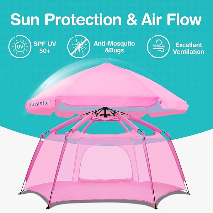 Alvantor Pop Up Playpen- 7'x7'x44”Baby Playpen Large Kids Play Tent Portable and Foldable Playpen Indoor/Outdoor Play Yard with Protective Mesh, UV SPF 50+ Sunshade, and Soft Foam Floor, Pink-CubbioJoy