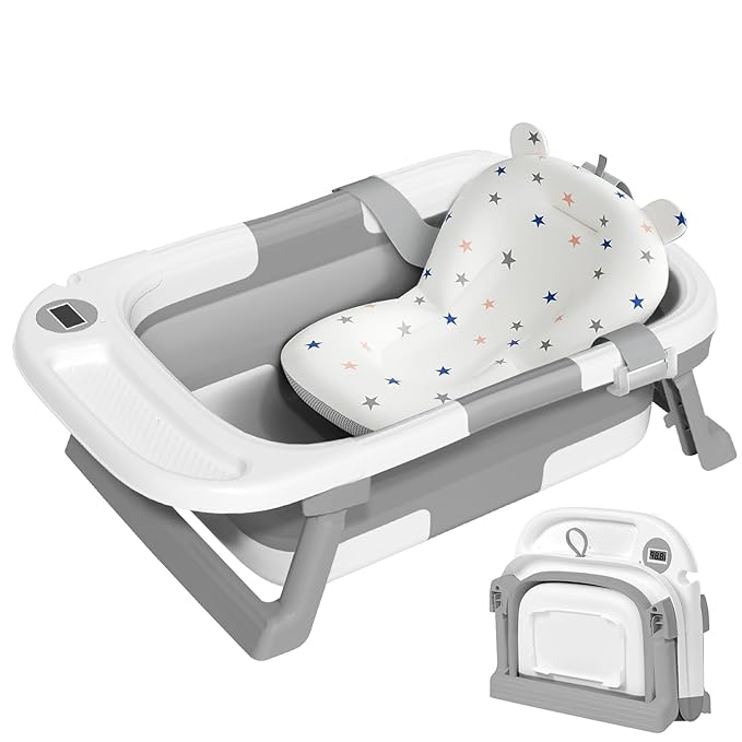 Collapsible Baby Bathtub,Baby Bath Tub with Thermometer & Soft Cushion,Baby Bathtub for Newborn to Toddler 0-36 Months,Portable Travel Baby Tub with No-Slip Feet,Baby Shower Gifts,Grey-CubbioJoy