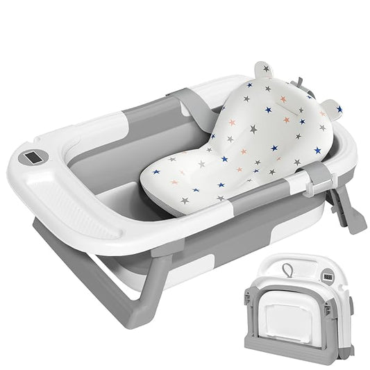 Collapsible Baby Bathtub,Baby Bath Tub with Thermometer & Soft Cushion,Baby Bathtub for Newborn to Toddler 0-36 Months,Portable Travel Baby Tub with No-Slip Feet,Baby Shower Gifts,Grey-CubbioJoy