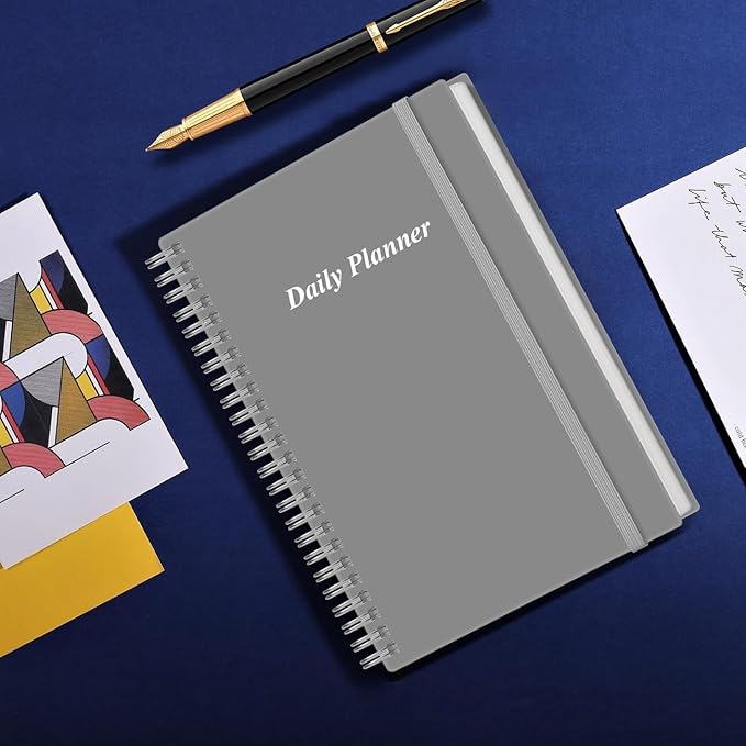 Daily Planner Undated - A5 To Do List Notebook Hourly Schedules, Spiral Appointment Planner for Women and Men, PVC Hardcover, Inner Pocket, Elastic Closure, 5.8" x 8.3", Grey-CubbioJoy