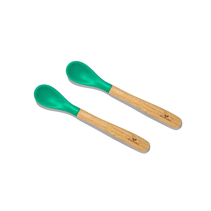 Avanchy Bamboo & Silicone Infant Training Spoons, BPA Free - Soft Tip, Easy on Gums, First Stage Feeding Utensils for Baby-Led Weaning, Self-Feeding, Green-CubbioJoy