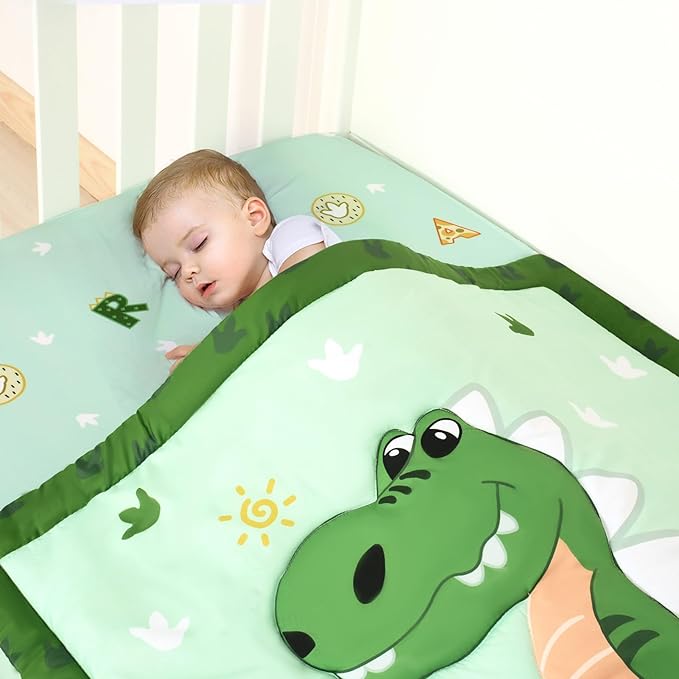 Cloele Crib Bedding Set for Boys,4 Piece Dinosaur Baby Bedding Set,Standard Size Toddler Nursery Bedding Includes Comforter,Crib Skirt,Fitted Sheet&Pillowcase,Soft Dinosaur Blanket-Green-CubbioJoy