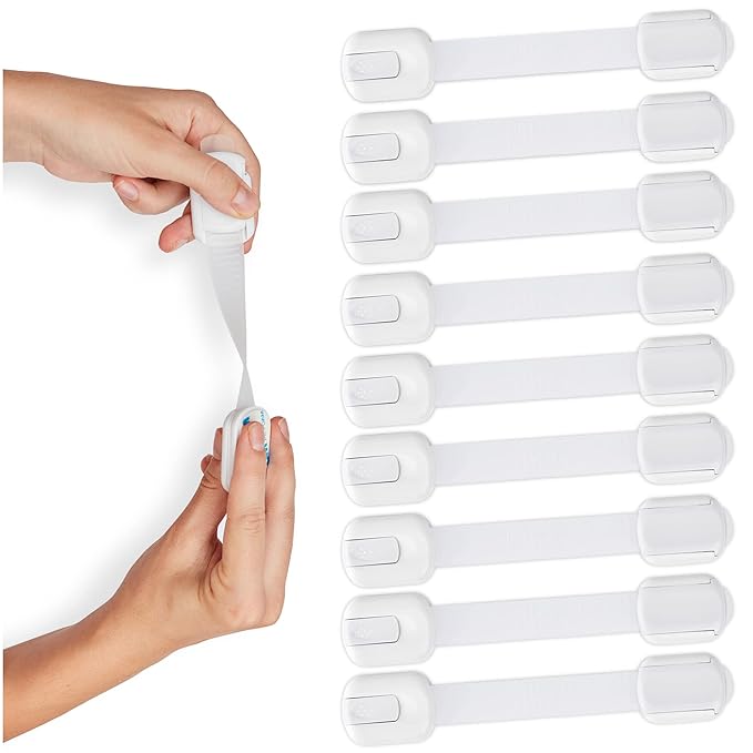 Child Safety Strap Locks (10 Pack) Baby Locks for Cabinets and Drawers, Toilet, Fridge & More. 3M Adhesive Pads. Easy Installation, No Drilling Required, White-CubbioJoy