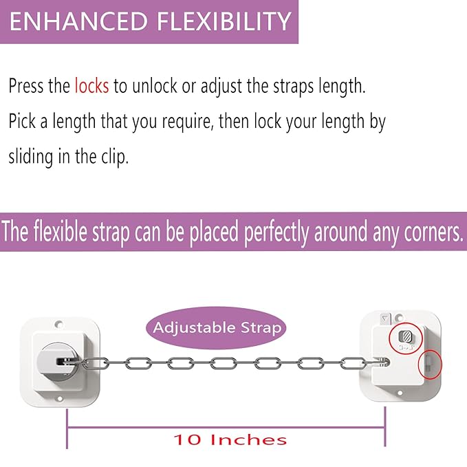 Child Proof Door Lock with Adjustable Strap, 3M Adhesive Safety Locks for Baby & Pets, No Tools Needed 4 Pack-CubbioJoy