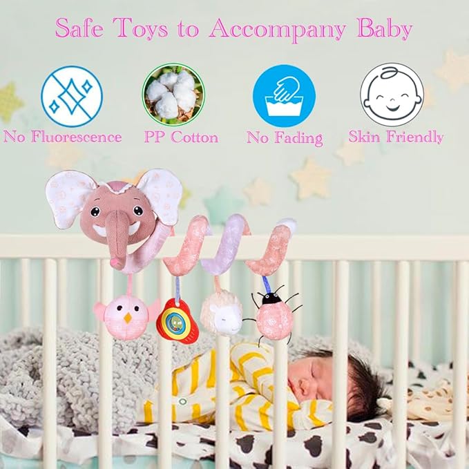 Car Seat Toys, Baby Stroller Toys Infant Spiral Hanging Toys for Crib Bar Bassinet Stroller Car Seat Mobile, Early Development Toys for Newborn Baby Girls 0 3 6 12 Months -Pink Elephant-CubbioJoy