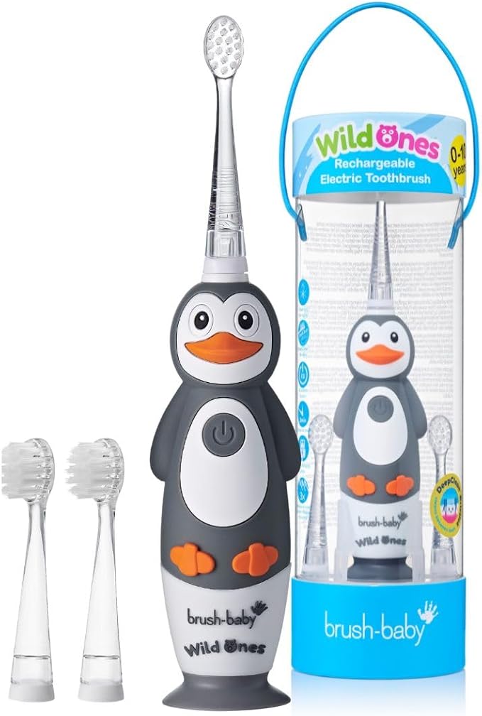 brush-baby WildOnes Kids Electric Rechargeable Toothbrush Penguin, 1 Handle, 3 Brush Heads, USB Charging Cable, for Ages 0-10 (Penguin)-CubbioJoy