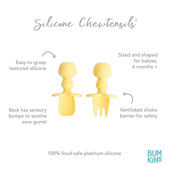 Bumkins Baby Utensils Set, Chewtensils Silicone Spoons for Dipping, Self-Feeding, Baby Led Weaning, Trainer Learning, First Stage Eating, Soft Practice Fork and Spoon, Babies 6 Months, Pineapple-CubbioJoy