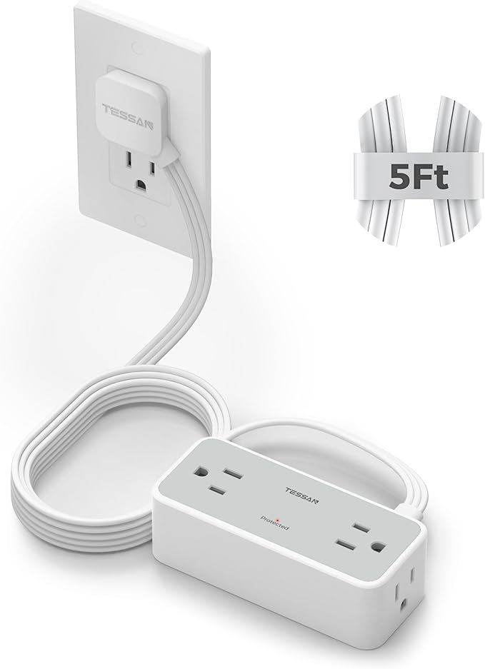 5FT Flat Extension Cord, TESSAN Surge Protector Power Strip with 4 Widely Spaced AC Outlets, 900 Joules Surge Protection, Ultra-Thin Flat Plug Desk Charging Station for Home Office Dorm Essentials-CubbioJoy
