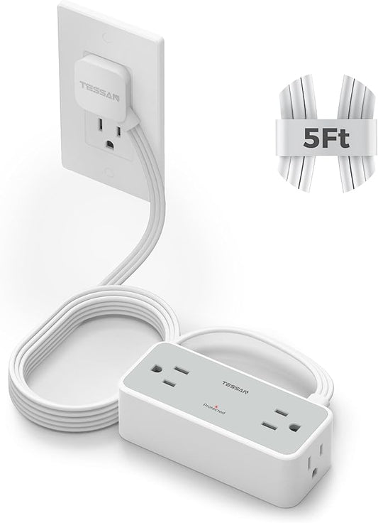 5FT Flat Extension Cord, TESSAN Surge Protector Power Strip with 4 Widely Spaced AC Outlets, 900 Joules Surge Protection, Ultra-Thin Flat Plug Desk Charging Station for Home Office Dorm Essentials-CubbioJoy