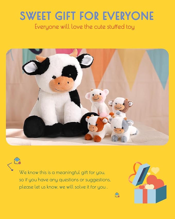 5 Pieces Cow Stuffed Animals for Boys Girls, 1 Mommy Cow with 4 Babies Soft Plush Toy Set Gifts for Kids Children 3 4 5 6 7 8 9 Years, Christmas, Birthday, Party Decorations-CubbioJoy