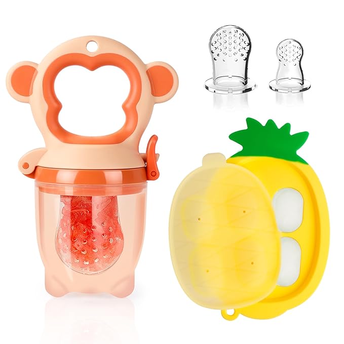 Baby Fruit Food Feeder - Silicone Nibble Tray Combo - Breastmilk Popsicle Mold for Cooling Relief, BPA Free Mesh Feeder for Infant Self Feeding (Monkey Orange + Pineapple)-CubbioJoy