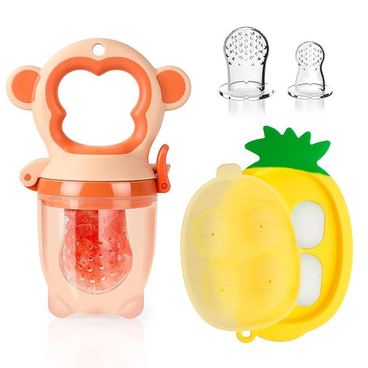 Baby Fruit Food Feeder - Silicone Nibble Tray Combo - Breastmilk Popsicle Mold for Cooling Relief, BPA Free Mesh Feeder for Infant Self Feeding (Monkey Orange + Pineapple)-CubbioJoy