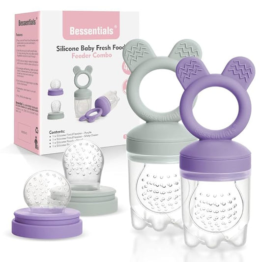 Bessentials Baby Fresh Fruit Food Feeder - 2 Pack Silicone Baby Mesh Feeders for Infant Safe Self Feeding |3 Sizes Food Pouches Included| Suitable for Baby 4m+（ Purple+Misty Green）-CubbioJoy