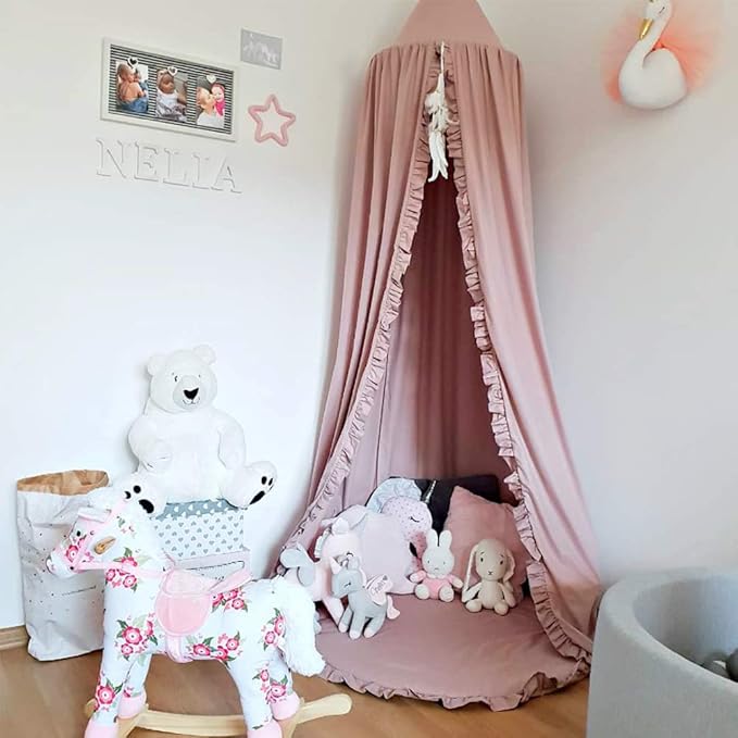 Bed Canopy with Frills Reading Nook Game Tent for Kids Boho Hanging Net Play Room Decor(Dusty Rose)-CubbioJoy