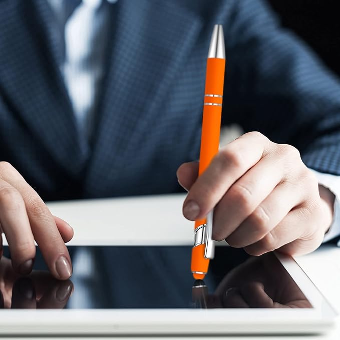 8 Pieces Ballpoint Pen with Stylus Tip Black Ink 2 in 1 Stylus Metal 1.0 mm Medium Point Smooth Pen Rainbow Colorful Rubberized Ballpoint for Touch Screen Tablet(Orange)-CubbioJoy