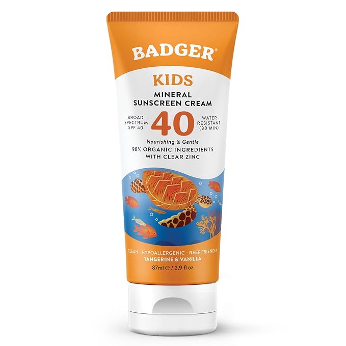 Badger Kids Mineral Sunscreen Cream SPF 40, 98% Organic Ingredients, Zinc Oxide Sunscreen for Kids Face & Body, Water Resistant, Reef Friendly, Hawaii Approved Broad Spectrum Sunblock, 2.9 fl oz-CubbioJoy