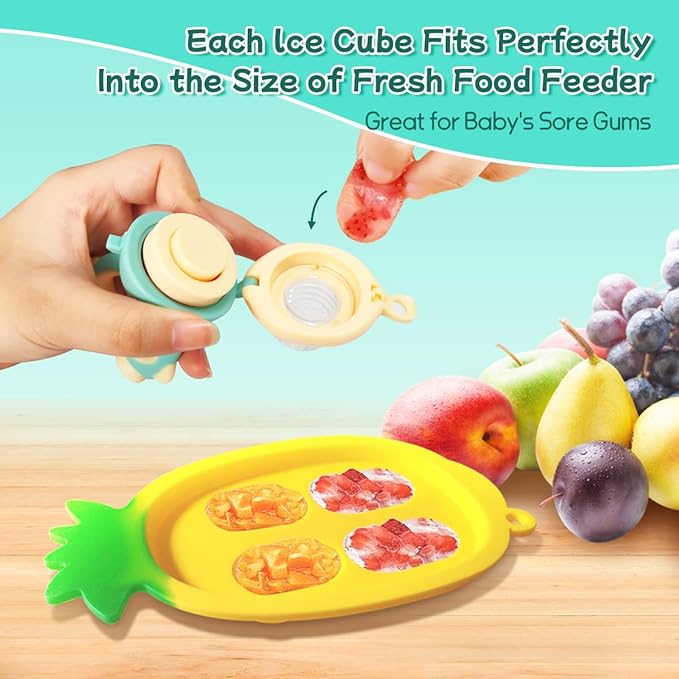Baby Fruit Food Feeder - Silicone Nibble Tray Combo - Breastmilk Popsicle Mold for Cooling Relief, BPA Free Mesh Feeder for Infant Self Feeding (Robot Green + Pineapple)-CubbioJoy