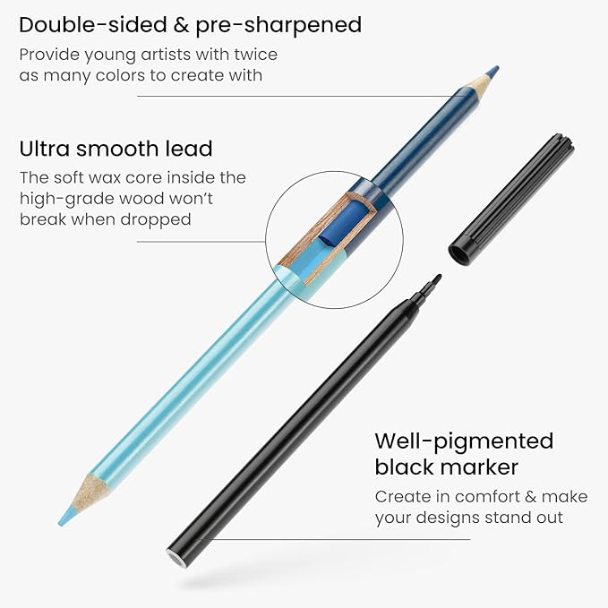 Arteza Kids Activity Book, Color by Numbers Coloring Book, 8.5 x 11 Inches, School Supplies for Ages 6 and Up, 50 Sheets, 12 Double-Ended Colored Pencils, Black Marker, Eraser, Sharpener-CubbioJoy