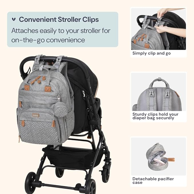 BabbleRoo Extra Large Diaper Bag Backpack, Expandable Baby Bag with Up to 50% More Capacity - Travel Essentials Baby Bag Tote with Changing Pad, Stroller Straps & Pacifier Case - Unisex, Light Gray-CubbioJoy