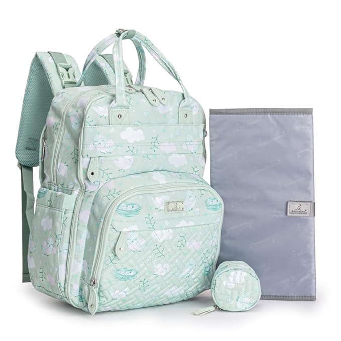 BabbleRoo Diaper Bag Backpack - Baby Essentials, Travel Essentials Baby Bag with Changing Pad, Stroller Straps & Pacifier Case - Unisex, Green Birdy-CubbioJoy