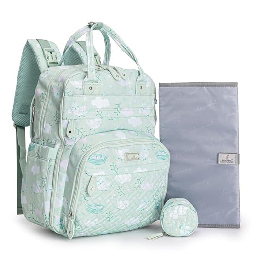 BabbleRoo Diaper Bag Backpack - Baby Essentials, Travel Essentials Baby Bag with Changing Pad, Stroller Straps & Pacifier Case - Unisex, Green Birdy-CubbioJoy
