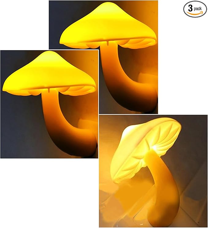 AUSAYE 3 Pack Sensor LED Mushroom Night Light Plug in Lamp Cute Night Lights for Adults Kids NightLight Bedroom,Bathroom,Toilet,Hallway,Stairs,Kitchen,Basement Warm Yellow-CubbioJoy