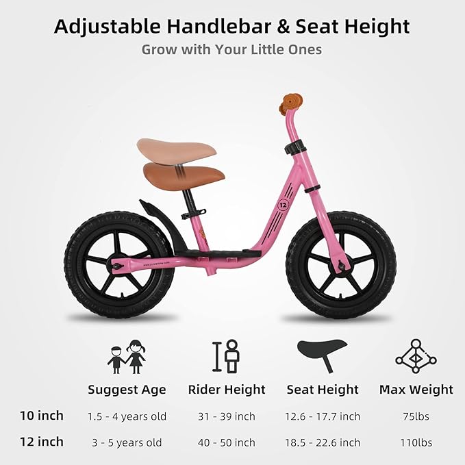 JOYSTAR 10"/12" Toddler Balance Bike for Girls & Boys, Ages 18 Months to 5 Years, Kids Push Bike with Footrest & Adjustable Seat Height, First Birthday Gifts for 2-5 Boys Girls-CubbioJoy