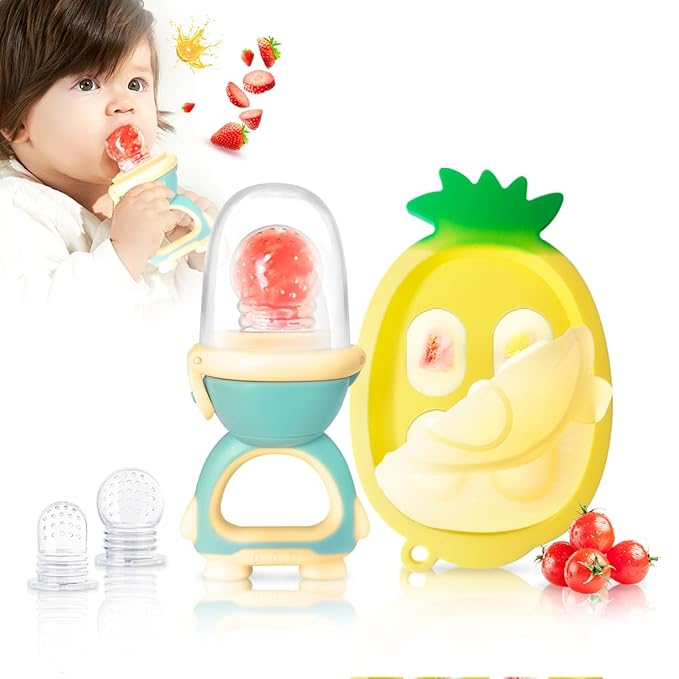 Baby Fruit Food Feeder - Silicone Nibble Tray Combo - Breastmilk Popsicle Mold for Cooling Relief, BPA Free Mesh Feeder for Infant Self Feeding (Robot Green + Pineapple)-CubbioJoy