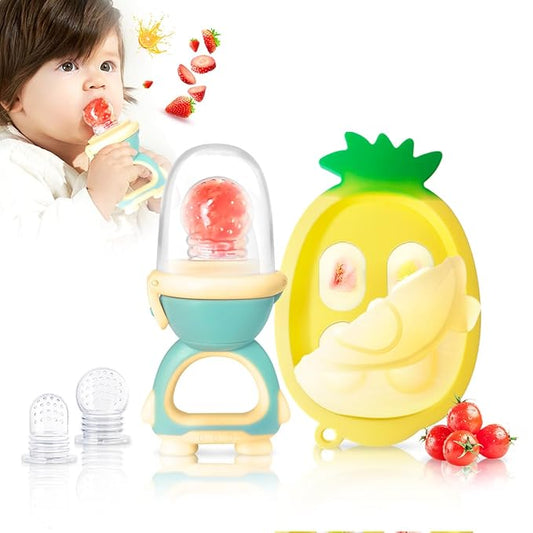 Baby Fruit Food Feeder - Silicone Nibble Tray Combo - Breastmilk Popsicle Mold for Cooling Relief, BPA Free Mesh Feeder for Infant Self Feeding (Robot Green + Pineapple)-CubbioJoy