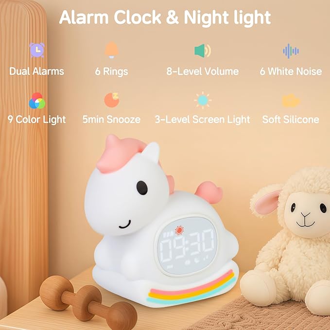 Cute Alarm Clock for Kids with Night Light, Sleep Training Clock Time to Wake Clock, Rechargeable Silicone Light for Bedroom, Perfect Sleep Companion for Boys Girls, Pink Pony-CubbioJoy