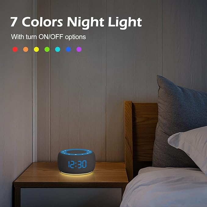 Buffbee Sound Machine & Alarm Clock 2-in-1, 0-100% Clock Face Brightness, Bottom Colored Light, Sleep Timer, Precise 30-Level Volume Control White Noise Machines-CubbioJoy