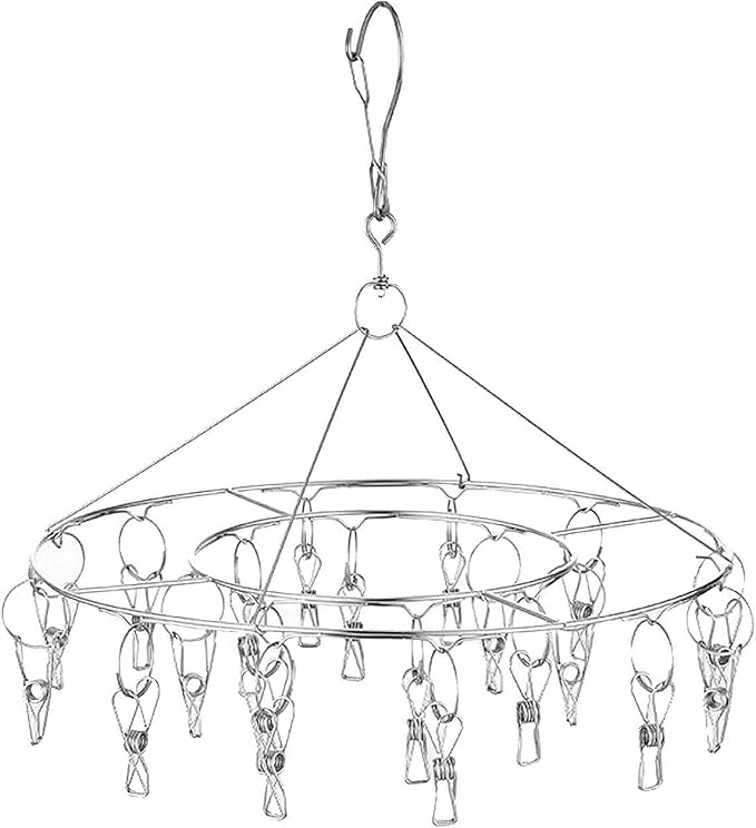 CenYouful Stainless Steel Round Hanging Drying Rack with 20 Clips for Drying Socks, Baby Clothes, Bras, Towel, Underwear, Hat, Scarf, Pants, Gloves-CubbioJoy