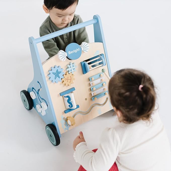 Beright Wooden Baby Walker Push and Pull Learning Activity Walker with Wheels Montessori Walker Toy Multiple Activities Center Develops Motor Skills & Stimulates Creativity (Blue)-CubbioJoy