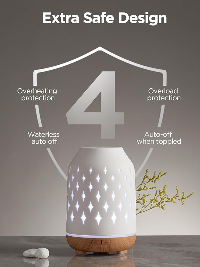 InnoGear Aromatherapy Diffuser, 150ml Ceramic Diffuser Ultrasonic Humidifier Cool Mist Essential Oil Diffusers for Home Air Diffuser with 2 Mist Modes Waterless Auto Off, White-CubbioJoy