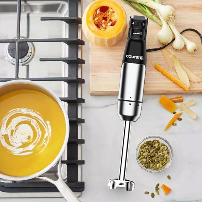 Courant Immersion Handheld Blender,4 in 1 400W Stick Blender, Variable Speed Stainless Steel Blades, Blending shaft Whisk,Chopper,Masher, Beaker Stainless Steel, LED Display-CubbioJoy
