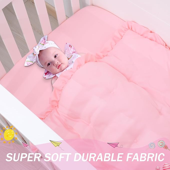 Cloele 3 Pieces Crib Bedding Set for Girls- Solid Ruffle Quilted Includes Comforter Fitted Sheet Crib Skirt,Cute Ruffled Nursery Baby Crib Standard Size Baby Bedding Set Pink-CubbioJoy