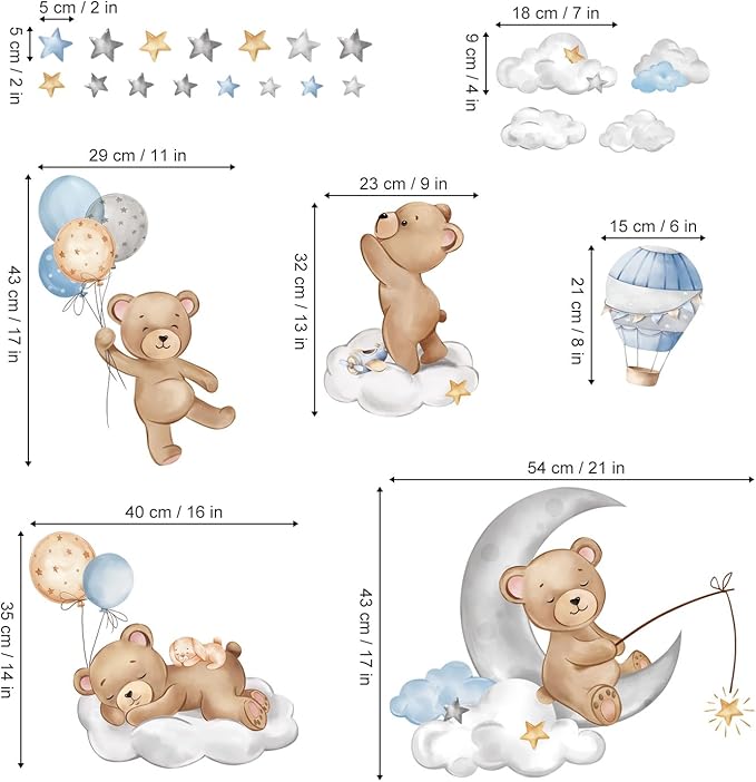 decalmile Bear Sleeping on The Moon Wall Decals Hot Air Balloon Animals Clouds Wall Stickers Baby Nursery Kids Bedroom Playroom Wall Decor-CubbioJoy