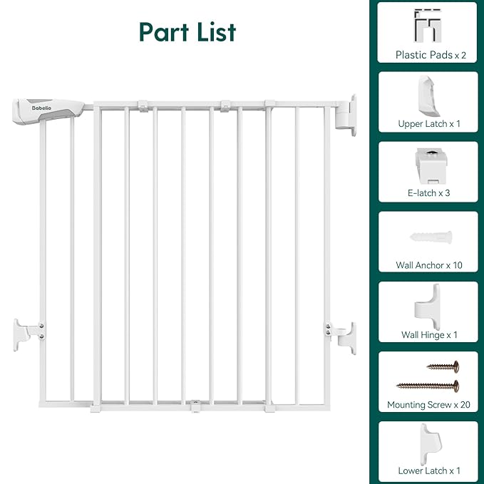 Babelio 26-43" No Bottom Bar Baby Gate for Babies, Elders and Pets, 2-in-1 Hardware Mount Dog Gate for The House, Stairs and Doorways, with Large Walk Thru Door, White-CubbioJoy