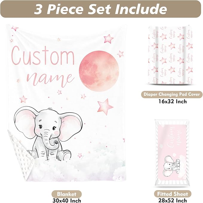 Custom Name Crib Bedding Set - Starry Sky Elephant Design, Personalized Baby Nursery Bedding 3-Piece Set– Soft Blanket, Fitted Sheet, Changing Pad Cover – for Newborns Girls Nursery Gifts-CubbioJoy