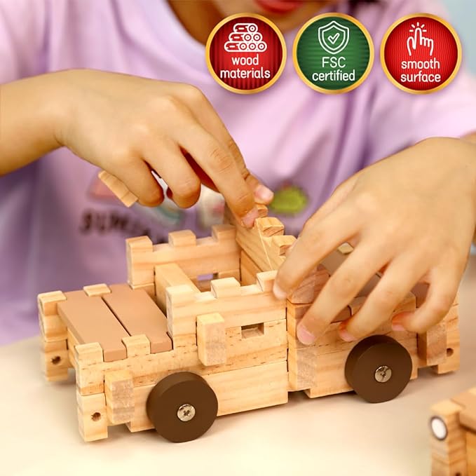 Jovi-mindly＆Notchies Wooden Blocks Train Set 101 PCS Create 40+ Shapes,Toys Educational Wooden Building Blocks Puzzles for Kids Ages 5-8 Boys and Girls,Truck/Excavator,FSC Certified,Graduate Gifts-CubbioJoy
