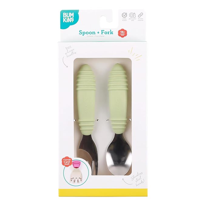 Bumkins Toddler Utensils, Kids Size Fork and Spoon Set, Silicone and Stainless-Steel Training Silverware, Angled Forks / Sporks for Self-Feeding, Children Hold Learning to Eat, 18 Mos Up, Sage Green-CubbioJoy