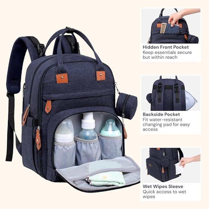 BabbleRoo Diaper Bag Backpack - Baby Essentials Travel Tote - Multi Function Waterproof Diaper Bag, Travel Essentials Baby Bag with Changing Pad, Stroller Straps & Pacifier Case - Unisex, Navy Blue-CubbioJoy