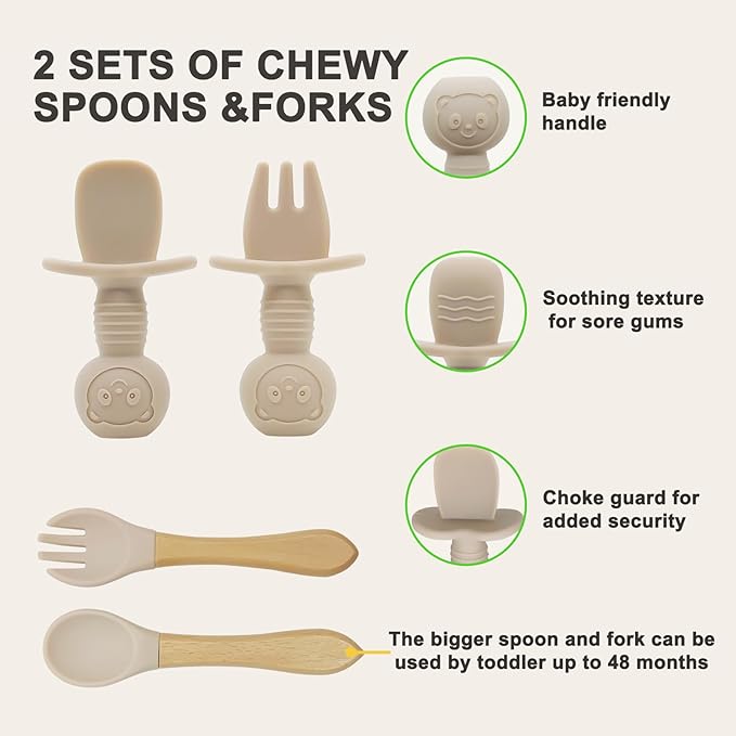 Silicone Baby Feeding Set | Baby Led Weaning Supplies Includes Suction Bowls and Divided Plates, Adjustable Bib, Baby Utensils Spoons and Forks,Cup | Baby Feeding Essentials (Beige)-CubbioJoy