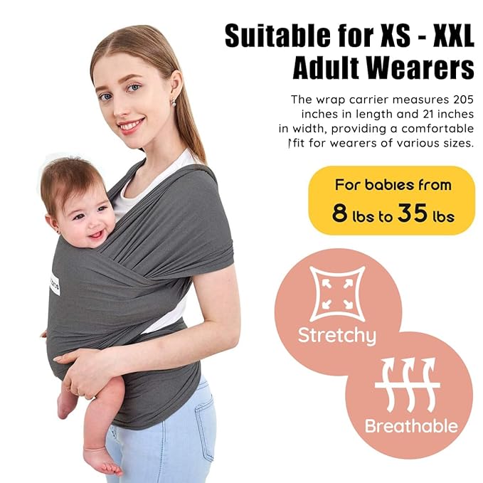 Acrabros Baby Wrap Carrier,Hands Free Baby Carrier Sling,Lightweight,Breathable,Softness,Perfect for Newborn Infants and Babies Shower Gift,Heather Grey-CubbioJoy