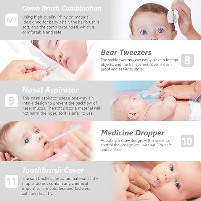 Baby Grooming Kit, 15 in 1 Portable Baby Safety Care Set with 01 Hair Brush Comb Nail Clipper Nasal Aspirator etc for Nursery Newborn Infant Girl Boys Keep Clean(White)-CubbioJoy